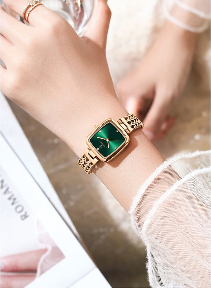 POEDAGAR ساعة كوارتز ذهبية وردية للنساء من POEDAGAR مع قرص أخضر وسوار من الفولاذ المقاوم للصدأ - 768 - Image 3